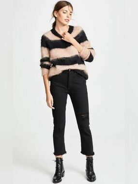 Agolde Riley High Rise Straight Crop Black Distressed Jeans, Frayed Ankle, 24